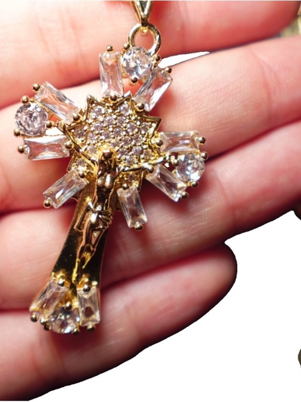 Gold Crystal jesus crucifix 22 inches Pendant Necklace - Elegant Women's Jewelry